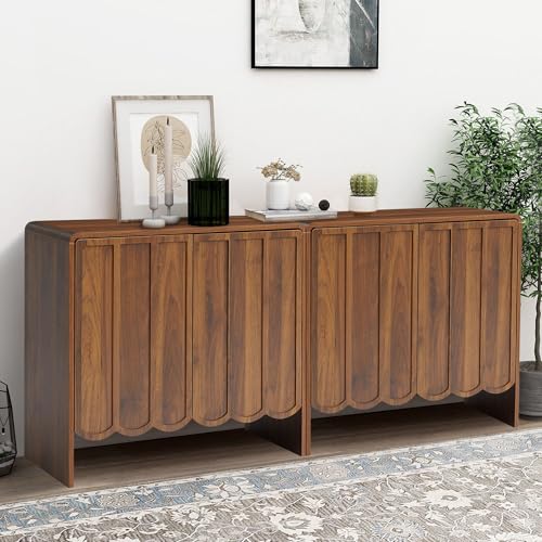 Sideboard Buffet Cabinet Set of 2, Accent Storage Cabinet with 2 Doors, Farmhouse Wood Cabinet with Adjustable Shelves and Wave Panel for Living Room, Dining Room, Entry - Walnut