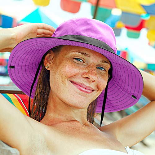 Geyoga 2 Pack Sun UV Protection Hat Mesh Wide Brim Sun Hat Outdoor Foldable Beach Hiking Fishing Summer Hat 56-58 cm (Purple and Blue)