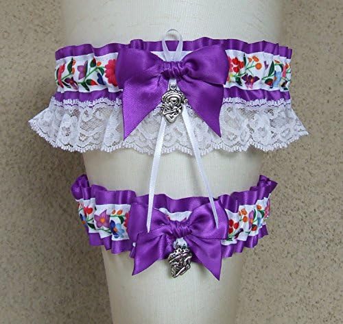 Customizable Dia de los Muertos Wedding Garter Set in Your Choice of Colors with Skeleton Charms