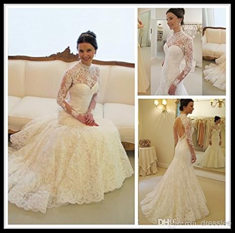 Amazon Co Jp 1 Wanda Borges ウェディングドレスマーメイドロングスリーブハイカラー 15 年の結婚式のドレスロマンチックな背部が開いた服の部分のために結婚 Vestidos ホーム キッチン