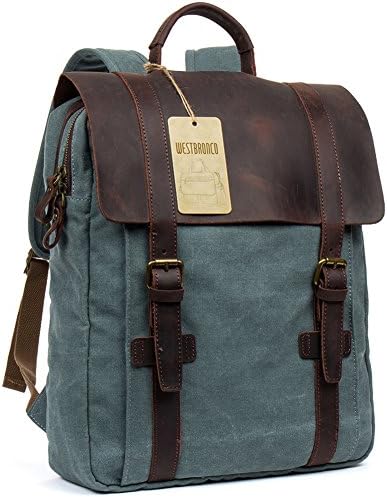 WESTBRONCO Canvas Real Leather Backpack Vintage Casual School Bag Retro Unisex Travel Rucksack Blue