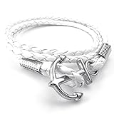 KONOV Mens Womens Leather Bracelet, Braided Anchor Wrap Bangle, White Silver