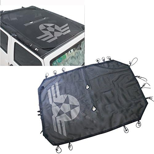 AVOMAR Black Eclipse Sunshade Mesh Sun Shade Full Top Cover UV Protection with Storage Pockets for 2007-2017 Jeep Wrangler JK & Unlimited 4 Door (Black with Logo)