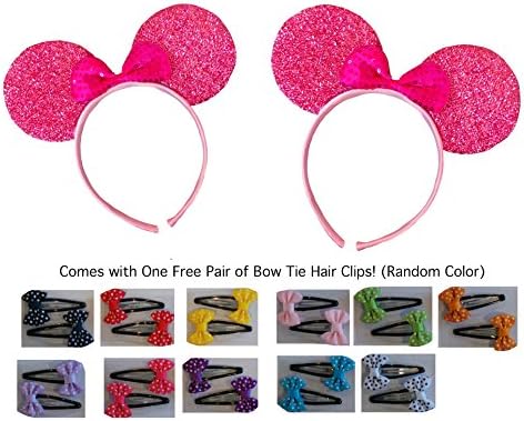 Kenza Mickey/Minnie Mouse Style Ears Headband For Boys, Girls, Children, Adults, Parties, Disneyland, Music Festivals, Headwear, Halloween, More (Sparkling Pink With Pink Bow)