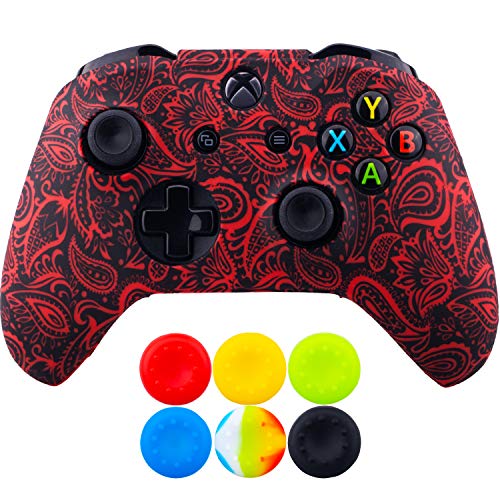 9CDeer 1 Piece of SiliconeTransfer Print Protective Cover Skin + 6 Thumb Grips for Xbox One/S/X Controller Foliage Red
