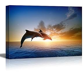 Two Jumping Dolphins at Sunset Wall Decor