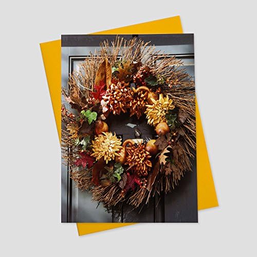 Business Thanksgiving Greeting Cards (Fall Wreath), 5x7 Inches, 25 Cards & 26 Grapefruit Gold Envelopes (TG100)
