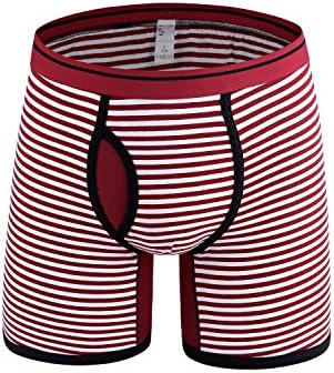 Novee Men's Sexy Stripe Soft Active Boxer Briefs Trunks Underwear Pouch Open Fly Stretch (Boxer-Mid Red XL)
