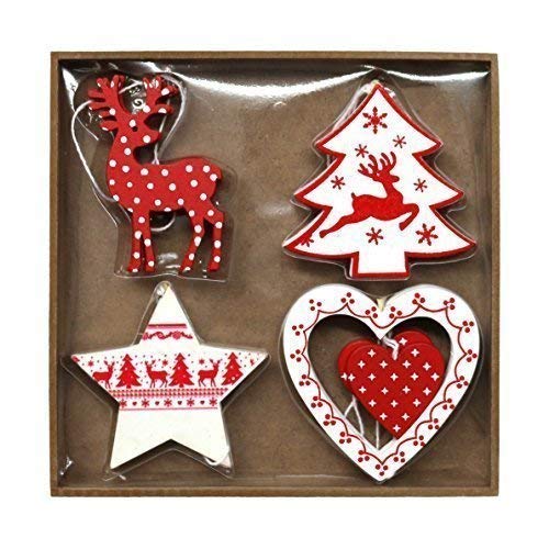 Robelli Pack of 8 Assorted Red & White Wooden Christmas Tree Hanging Pendant Decorations