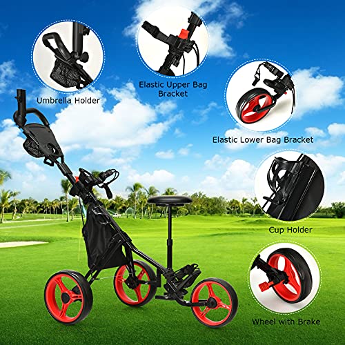 GYMAX Golf Push Cart, Foldable 3Wheel Height Adjustable Lightweight Golf Caddy Cart with