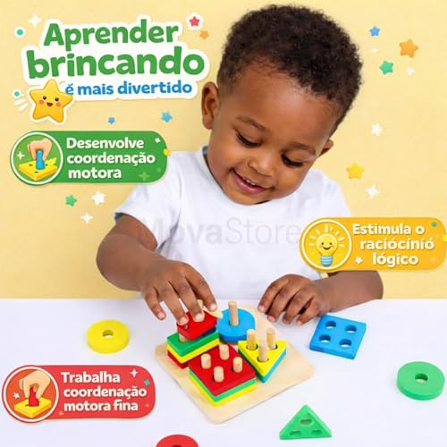 Brinquedo Educativo Montessori de Madeira Pedagógico Sensorial Formas Geométricas Didáticas Multicoloridas Encaixe Infantil e Cores Empilháveis