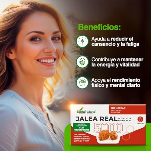 Royal Jelly 5000 com Coenzima Q10 e Vitamina D3 - Enriquecido com probióticos - Apoia a energia e a vitalidade física e mental em tempos de stress - 20 frascos - Soria Natural