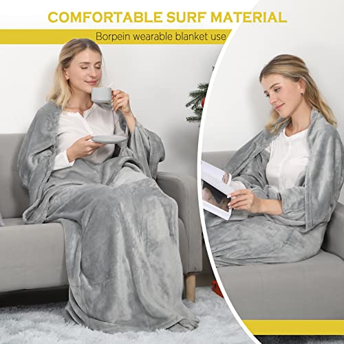 BORPEIN Tragbare Decke mit Fußabdeckung, Gemütliche Umarmung, tragbare Überwurfdecke,weich und warm für Sofaliebhaber für Frauen, Männer, Erwachsene. Einheitsgröße (Gray&White)