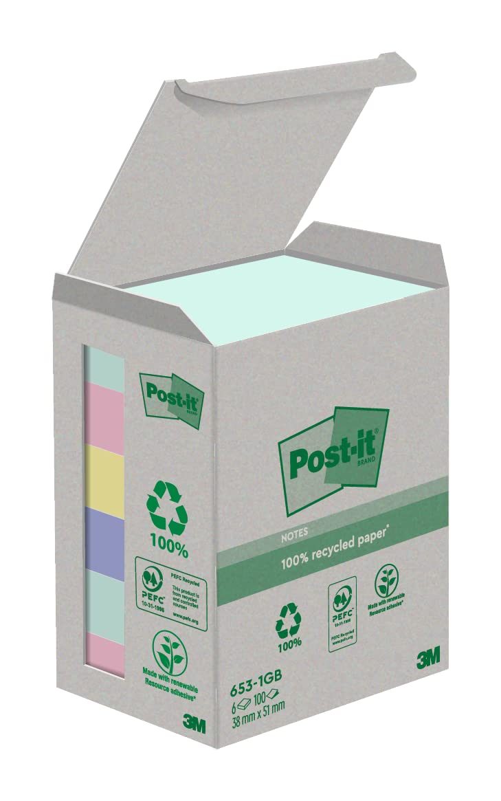 Post-it Recycling Notes Assorted Colours, Pack of 6 Pads, 100 Sheets per Pad, 38 mm x 51 mm, Green, Pink, Yellow, Blue - Self-Stick Notes Made from 100% Recycled Paper