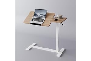 Miloyer Adjustable Overbed Bedside Table with Wheels Pneumatic Mobile Standing Laptop Desk Rolling Computer Cart Movable Couch Desk Hospital Home Use, Natural Wood