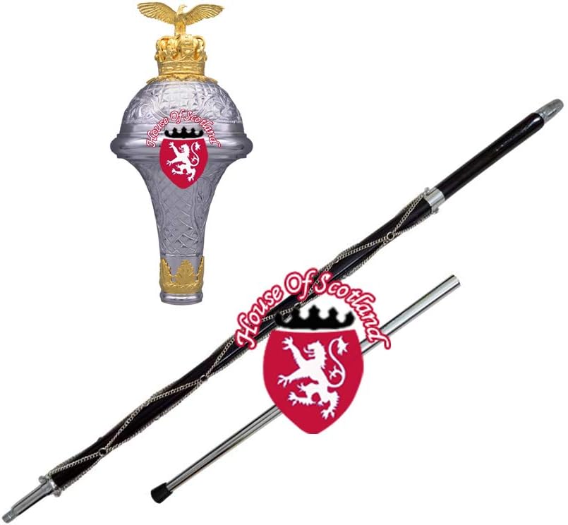 DRUM MAJOR MACE STAFF,STAVE 60" MALACCA CANE EMBOSSED HEAD GOLDEN EAGLE EMBLEM FREE CARRYING CASE