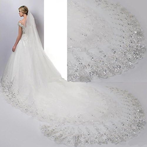 GYMAN Fashion Exquisite Bride Veil Bridal Veils White Ivory Long Cathedral Crystal Sequins Lace Edge Wedding Accessories with Crystal Free Comb