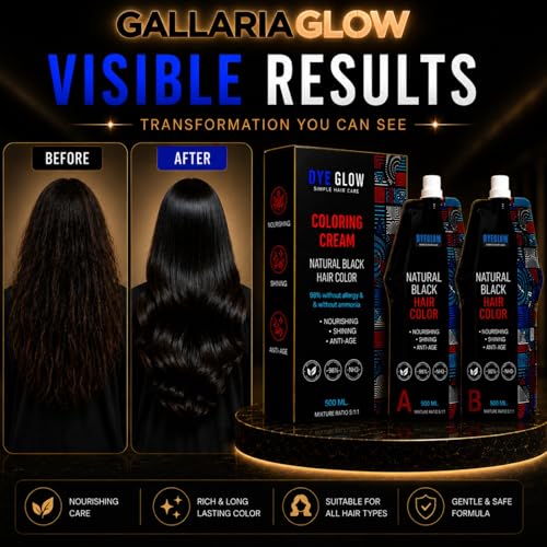 GALLARIAGLOW DyeGlow Hair Color Cream – Natural Black | Ammonia-Free & Non-Allergic Hair Dye | Nourishing & Anti-Aging Formula | 1000ml (500ml + 500ml)