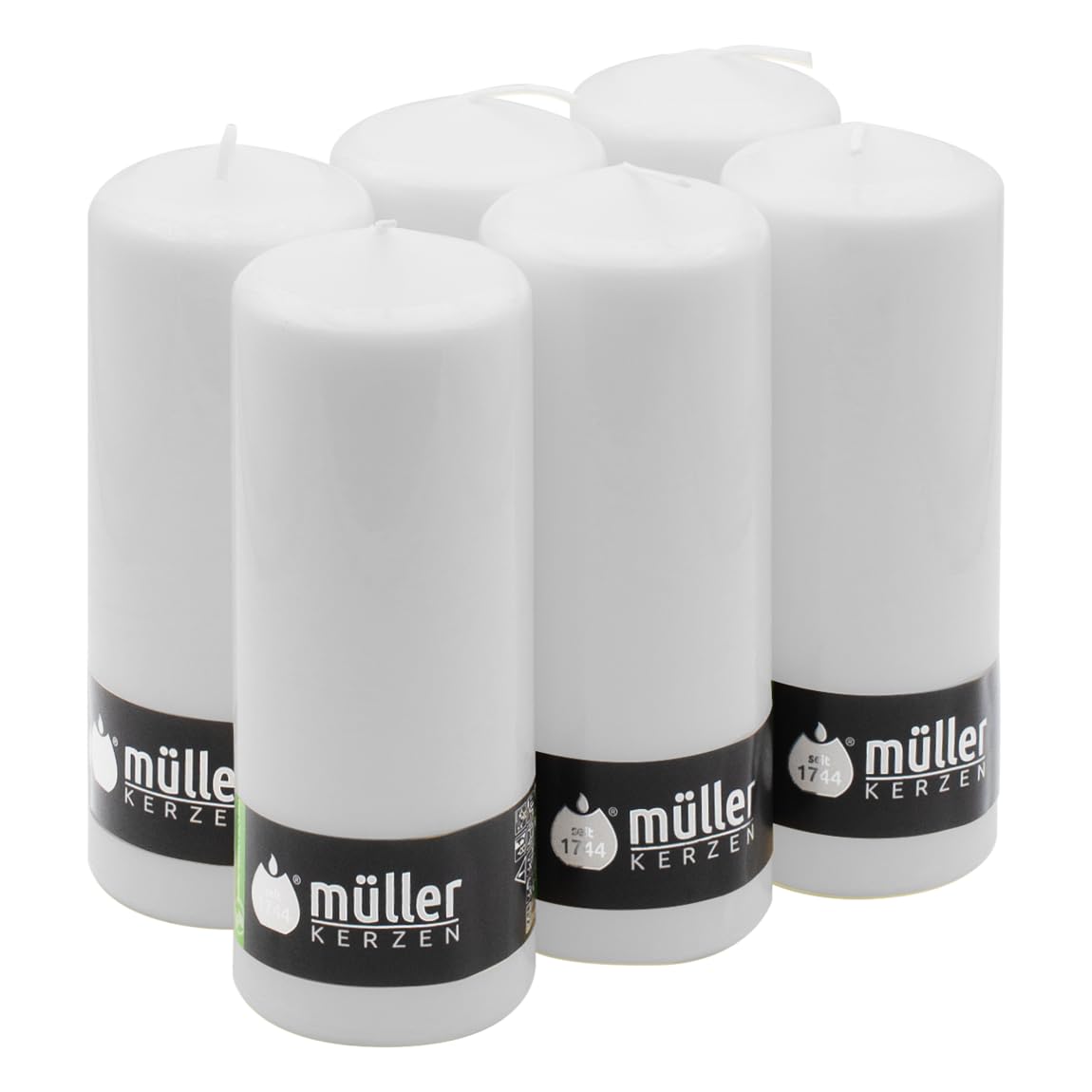 Müller Tall Pillar Candles - Set of 6 Unscented White Candles in Bulk - 6,8 x 18 Cm - 60 Hours Long Lasting Decor Candles - Non Drip Wax - Smokeless Wick - RAL Quality - Made in Germany