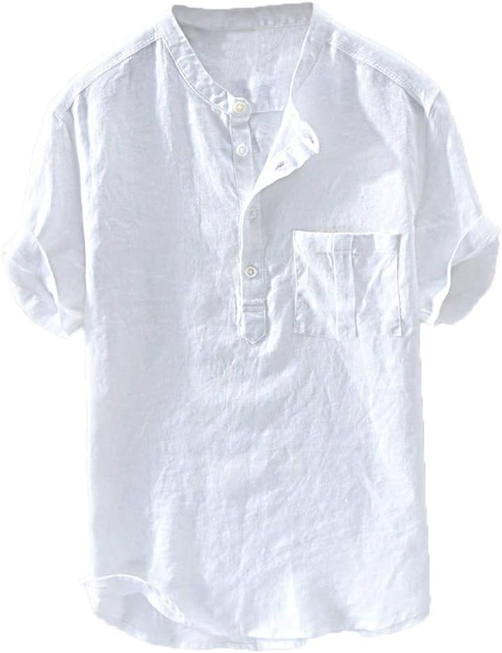 Yourgod Men's Baggy Cotton Linen Solid Color Short Sleeve Retro T Shirts Tops Blouse Loose Breathable Classic Business Vintage Tank Tops Blouse