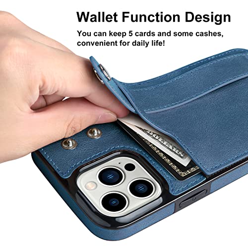 Vofolen for iPhone 13 Pro Max Case Wallet Protective Case with Credit Card Holder, PU Leather Shockproof Shell with Wrist Strap Kickstand Cover Compatible with iPhone 13 Pro Max 6.7 inch, Blue