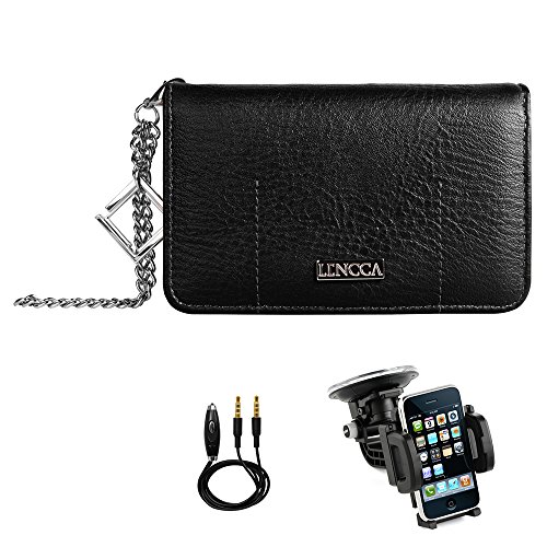 Black/Marine Zipper Wallet [Wrist Strap] Easy Carry and with Slots for Cards / Cash for LG Fortune / Phoenix 3 / G6 / Aristo / K Series K3 / K4 / K8 / K10 / K20 V + Windshield Car Mount + AUX Cable