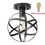 KingSo Metal Ceiling Light, 1-Light Black Globe Flush Mount Spherical Light Fixture with Cage for Headboard Porch Bedroom Kitchen Bathroom