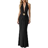 OYOANGLE Women's Deep V Neck Sleeveless Halter Maxi Dress Summer Backless Party Beach Vacation Wedding Guest Dress