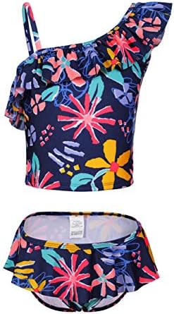 LEINASEN Kids Ruffles One Shoulder Floral Two Piece Bathing Suit for Girls
