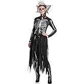 Gothic Skeleton Queen Costume Set - Medium (6-8) - Black & White Polyester - Perfect for Halloween & Themed Parties