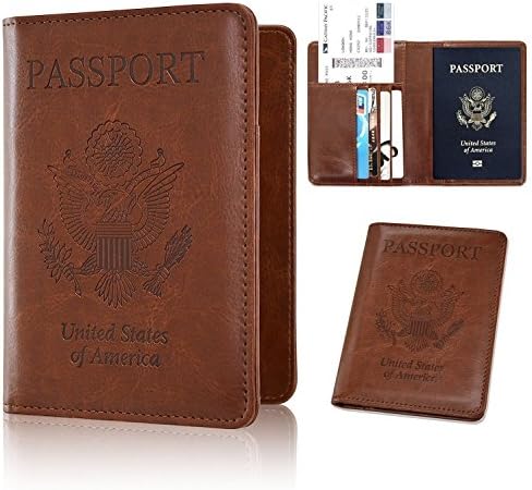 [RFID] [Blocking] Leather Passport Holder Wallet Case Cover PU For Men and Women (Eagle - Brown)