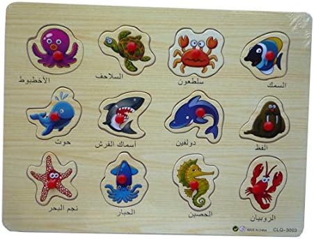 Teach Kids to Learn Arabic Vocabulary CLQ-3003 Sea Animal Wooden Jigsaw Peg Puzzle with Knobs Islam Muslim Chilren Toy