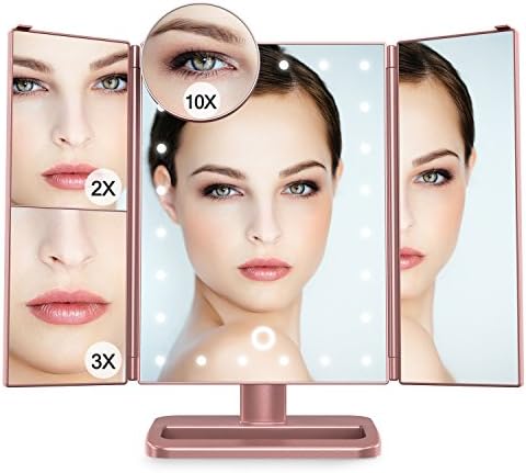 ACOCO Lighted Vanity Mirror with 24 Lights, Tri-fold Illuminated Cosmetic Mirror with 1x/2x/3x/10x Magnification, LED Light Up Makeup Mirror with Touch Screen (Rose Gold)
