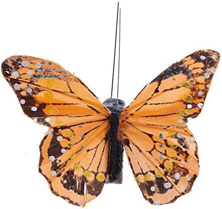 Hanken Orange Yellow Artificial Feathered Butterflies with Attached Silver Clip | 12 Butterflies