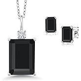 Gem Stone King 7.82 Cttw Black Onyx and White Moissanite Pendant Necklace Earrings Set For Women | 925 Sterling Silver | Gemstone Birthstone | Emerald Cut 14X10MM and 6X4MM | 18 Inch Chain