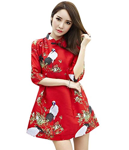 Aro Lora Women's Crane Embroidery A-line Tunic Cocktail Party Prom Short Dress US 6-8 Red