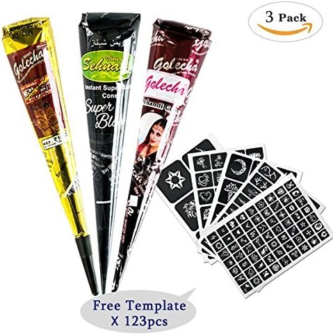 3Pcs Temporary Tattoo India Henna Kit Tattoo Paste Cone Body Art Painting Drawing with 123 pcs Free Tattoo Templates,Black,Brown,Red(3Pcs)
