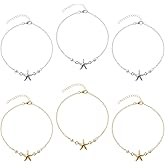 GOMAKERER 6 Pcs 2 Colors Starfish Anklets for Women, Alloy Adjustable Ankle Bracelets Boho Beach Foot Anklet with Starfish Charm and Plastic Pearl Anklet for Women, 9.37 Inch Long