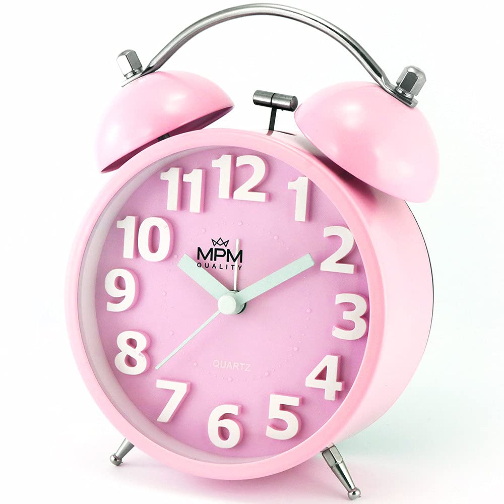 MPM Quality Design Metal Alarm Clock in Trendy Pastel Colours, Pink, 3D Dial, Quartz Movement Sweep, Light Function, Analogue, Classic Ringing, Wakes Up Even the Biggest Sleepers — image 1