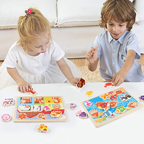 Lewo Wooden Chunky Puzzle Farm and Fish Puzzle Board Preschool Learning Educational Toys for Toddlers (Pack of 2)