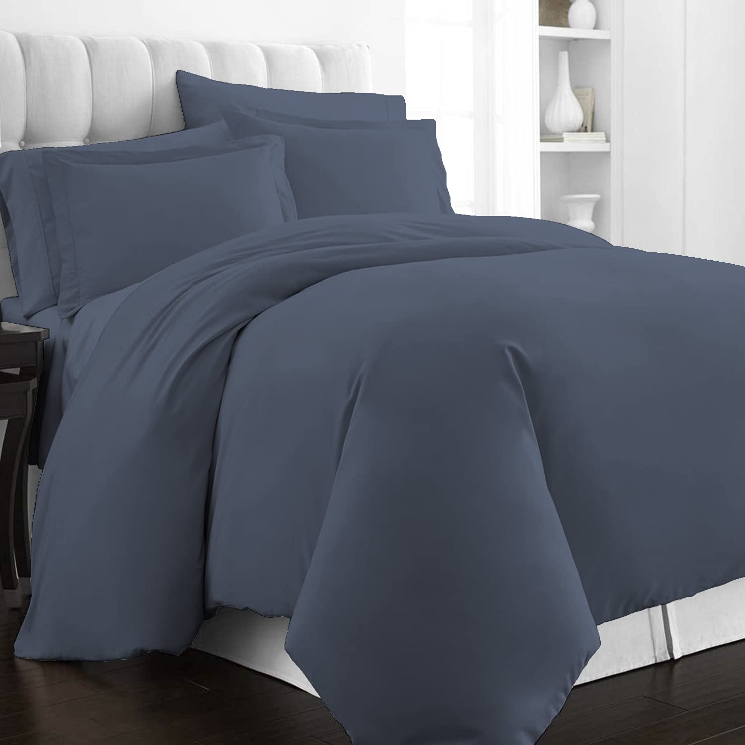 Pizuna 100% Cotton Single Duvet Cover Set Dark Blue, 400 Thread Count Long Staple Cotton Duvet Cover Single 140x200cm, Soft Sateen Weave Quilt Cover with Button Closure (Single Duvet Cover)