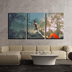 3 Piece Canvas Wall Art - Cyclist Riding a Bike with Tire Track in The Air with Forest in Background - Modern Home Art Stretched and Framed Ready to Hang - 16"x24"x3 Panels