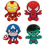 Set of 4 Ty Marvel Beanie Baby Spider-Man, Hulk, Iron Man & Captain America