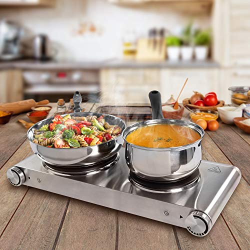 SUNAVO HP-06 Portable Electric Hot Plate hob Cooktop for Cooking, Double Electric Hotplate Burner 1800W Variable Temperature Controllers,Table Top Hot Plate Stainless Steel Scratch-Resistant,Silver