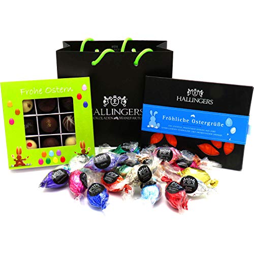 Hallingers Oster-Geschenk-Set 1 Schokolade, 9er Trüffel und 20 Ostereiern für Ostern (519g) - Easter Bag Green Blue…