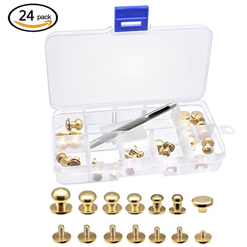 Sam Browne Soild Brass Button Studs ,Yotako 24 Pack Leather Craft Belt Chicago Screws Nail Rivets DIY suitable for Arts and Clothers making with Install Hole punch