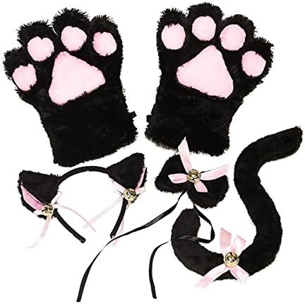 Jimcoser Cat Cosplay Costume 5Pcs Plush Cat Ears Headband Bowknot Tail Gloves Cosplay Set For Girls And Women