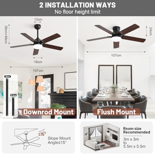 Sofucor 107 cm Ceiling Fan with Light, 6 Speeds, Control, Timer, DC Motor, LED Silent Ceiling Fan with Lamp for Bedroom Living Room