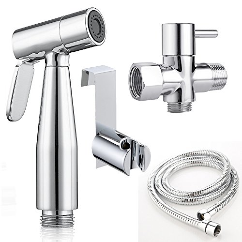 Best Modern Chrome Toilet Shattaf Sprayer, Hand Held Bidet Sprayer Bathroom Toilet Set, 49 Inch Metal Hose, T-Valve and Mounting Clip Adapter - Thumbnail 6