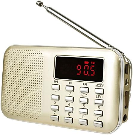 Vikdio Portable AM FM Radio, Digital Media Speaker Mini-USB AUX, MP3 Music Player support TF Card / USB Disk with LED Screen Display and Emergency Flashlight (Golden)